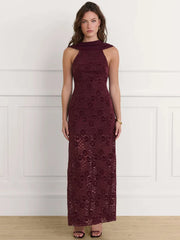 Wine red lace maxi dress styled for formal parties and club nights