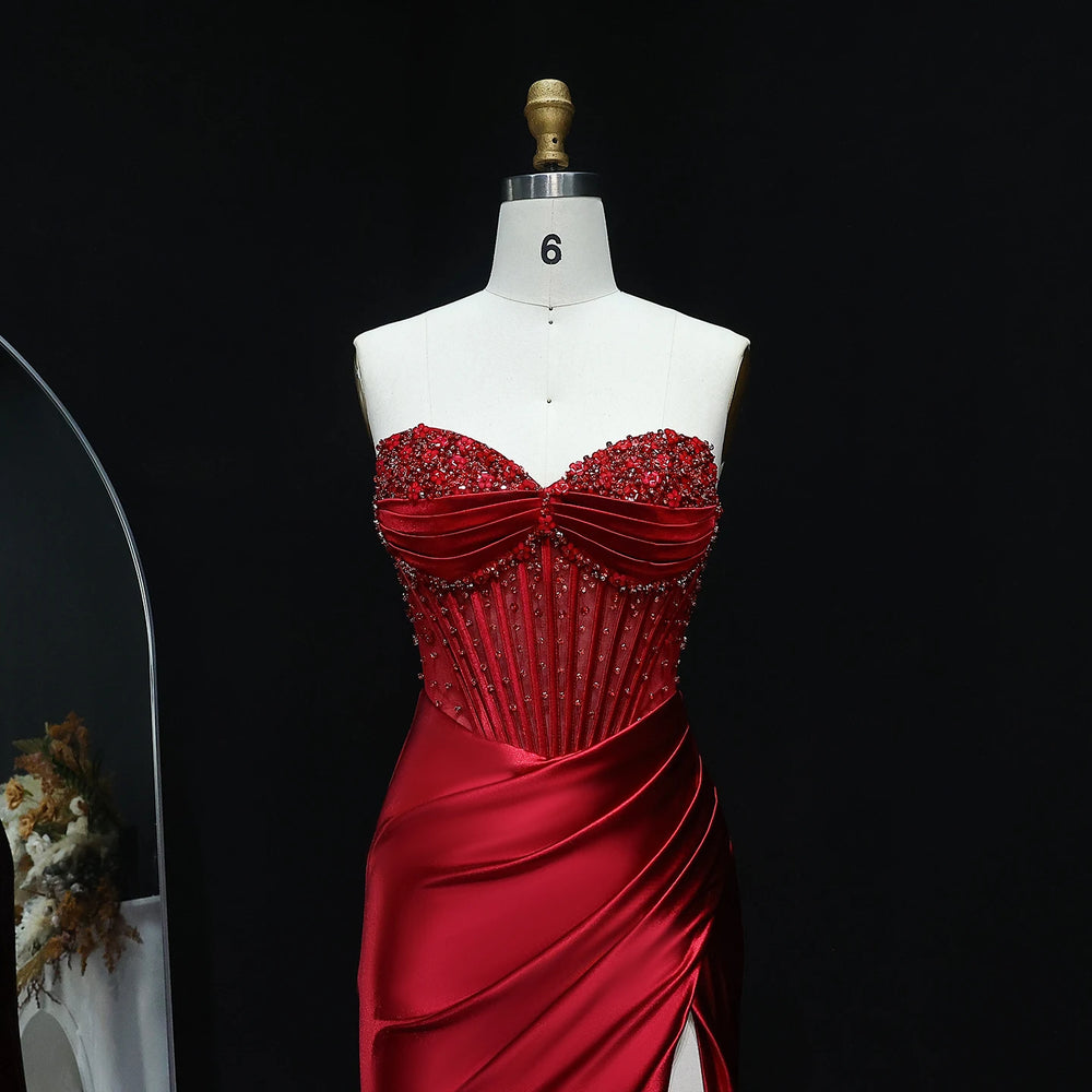 Lace-up back and sweep train detail on satin mermaid prom gown