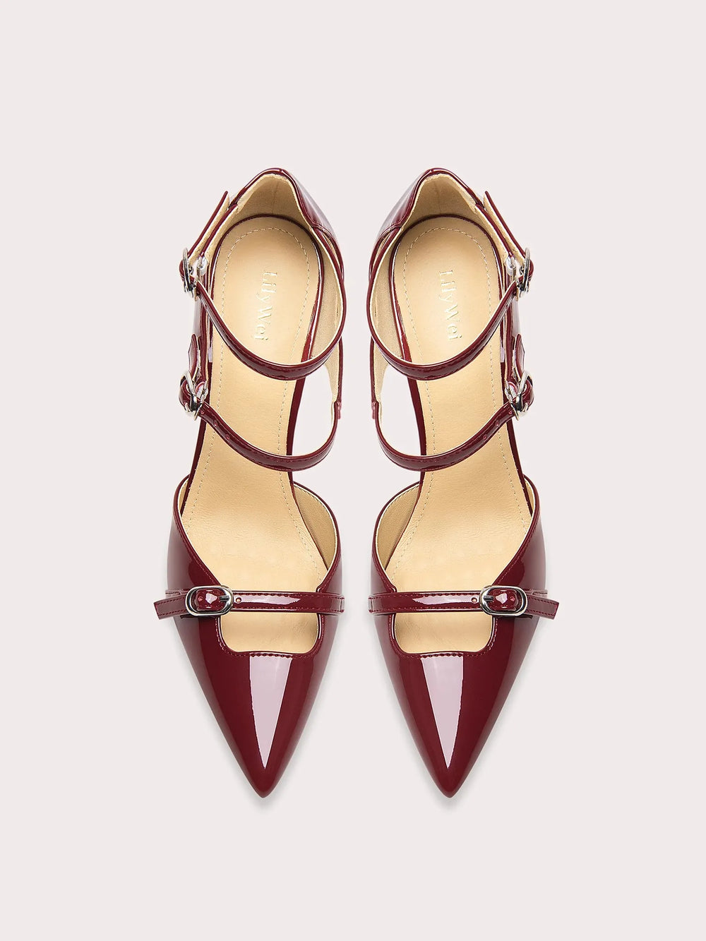 Wine red patent leather sandals with buckle strap and thin heel