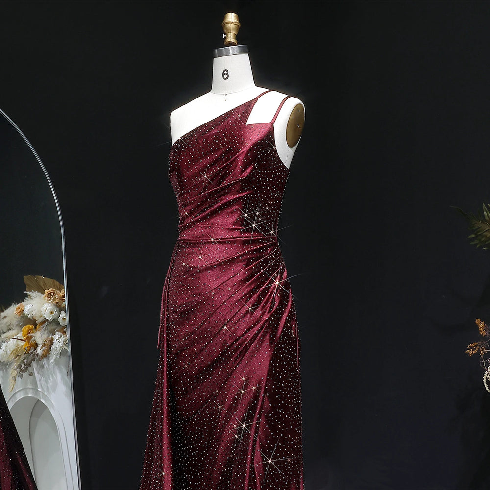 Wine red satin mermaid formal gown with side slit