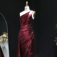 Wine red satin mermaid formal gown with side slit