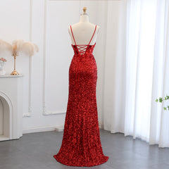 Full-length sequin mermaid evening gown with slit and sweep train