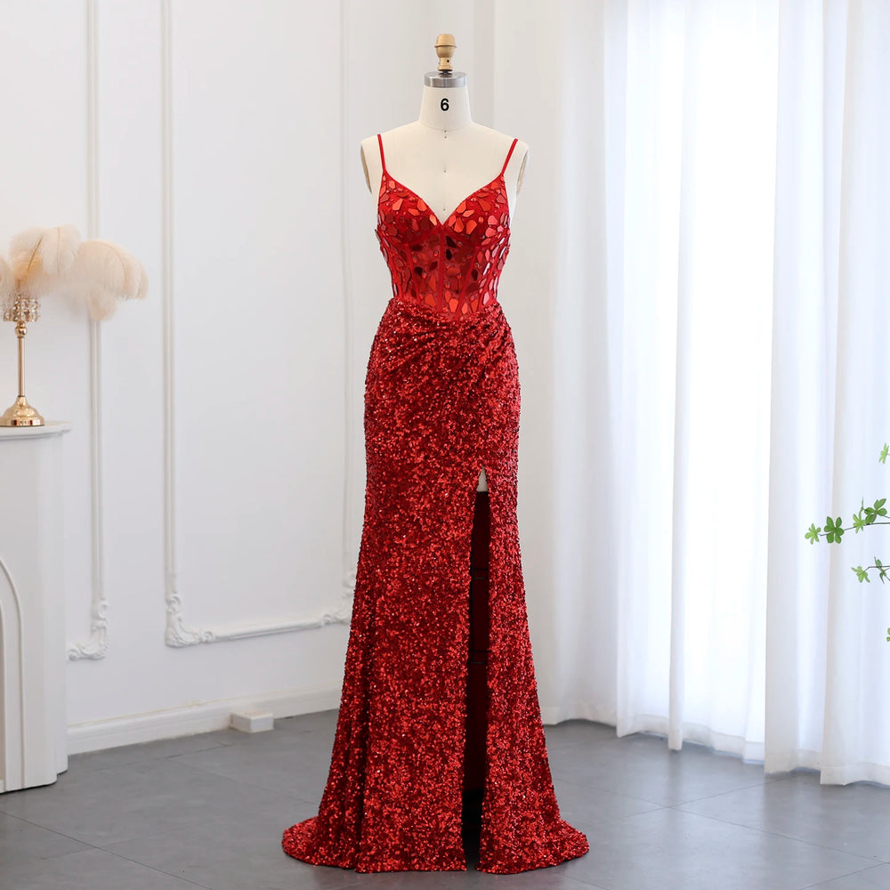Sweetheart sequin mermaid prom gown with front slit on mannequin