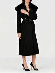 Slim black trench coat with belted waist and fur detail