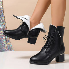 Black ankle boots with white plush lining and square heel
