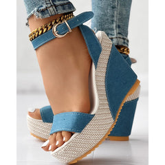 Casual summer outfit with denim wedge sandals- side view