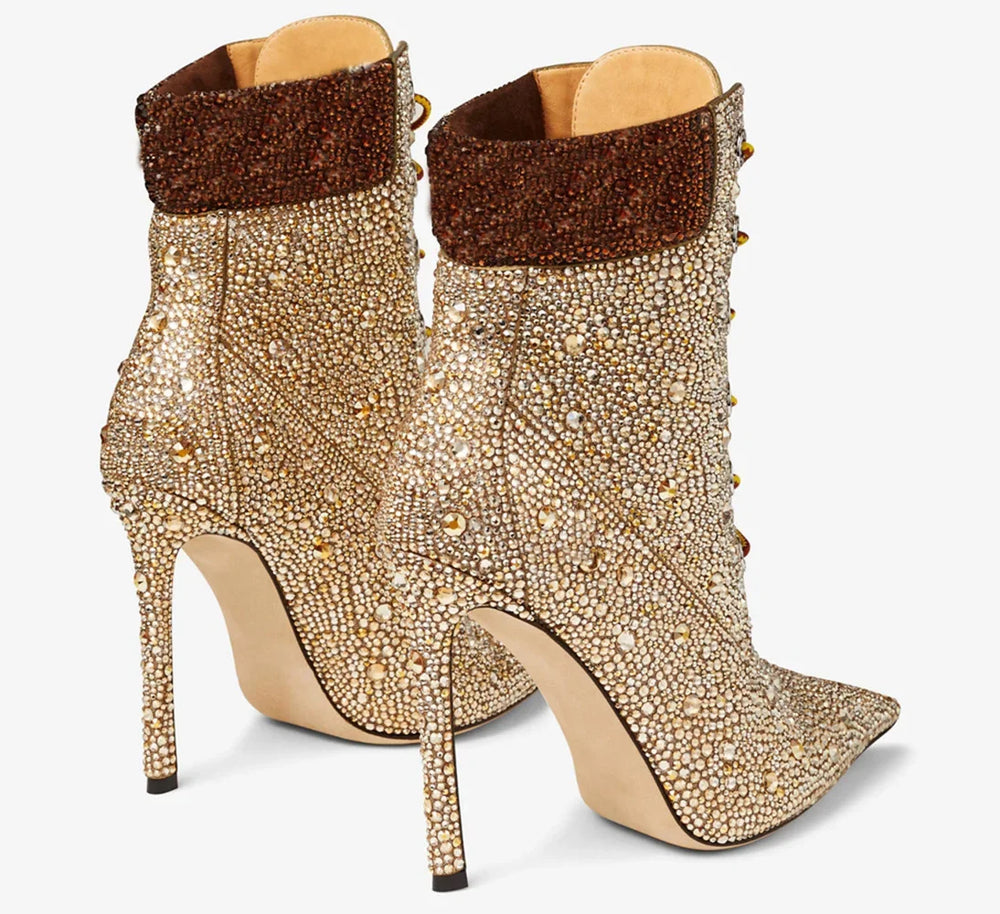 Gold lace-up pointed toe boot with high stiletto heel