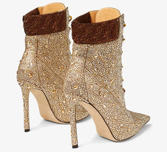 Gold lace-up pointed toe boot with high stiletto heel