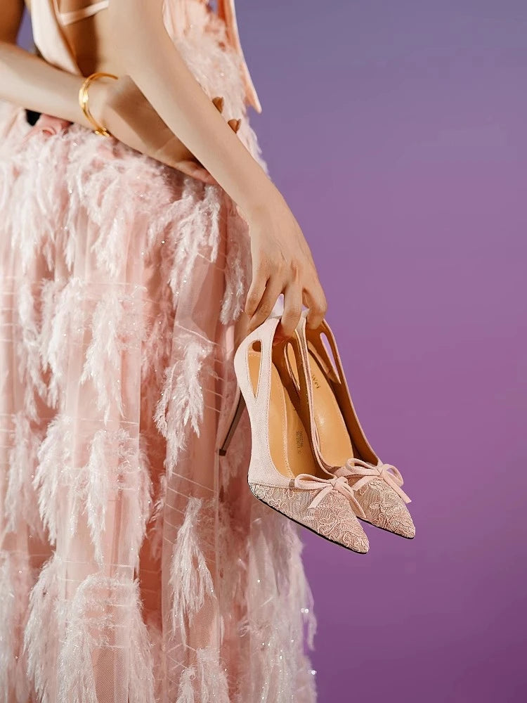 High heel banquet shoes with lace fabric upper