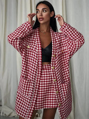 Women’s plaid two piece skirt suit with gold buttons