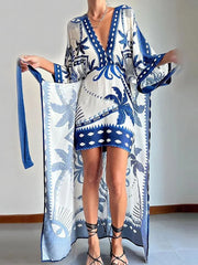 Women’s printed beach maxi dress with V-neck and loose fit