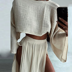 Elegant summer linen blend skirt set with flare sleeves
