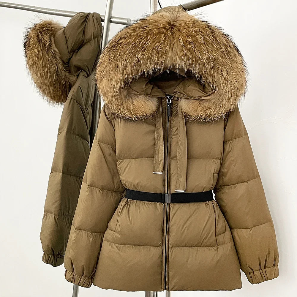 Insulated hooded coat with plush natural fur