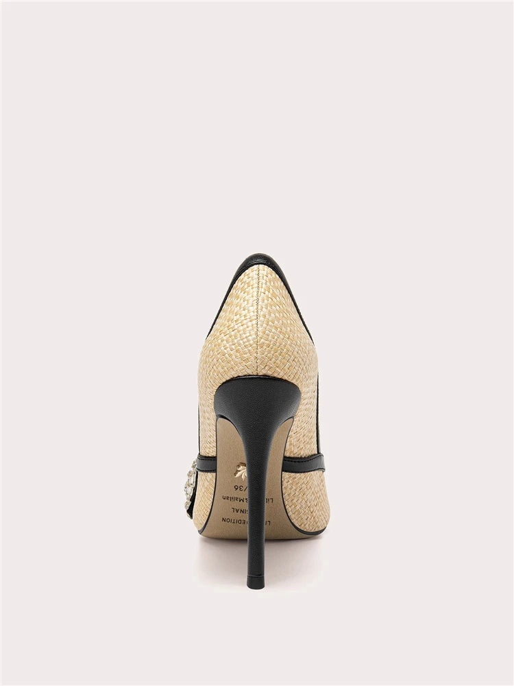 Women’s rhinestone bow party pumps in woven microfiber