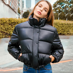 Women’s short PU leather winter coat with sustans filling