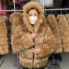 Warm brown winter jacket with thick faux fur