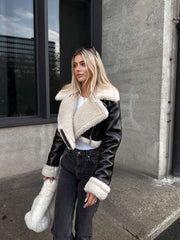 Front view of a woman's button-up fleece coat. Double-sided short Jacket, Warm, Thick Lapel Lambswool Coat.