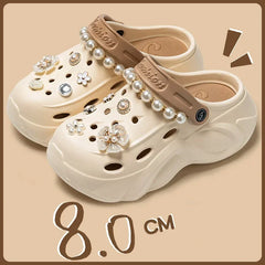 Side angle of chunky cloud platform sandals with pearl straps