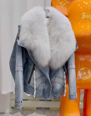Hip length denim coat with oversized faux fur trim