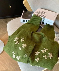 Floral embroidered green cashmere button front sweater