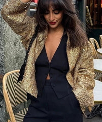 Women’s shimmering gold jacket with pockets and button collar