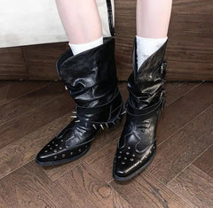 Street style black PU western boots with metal accents