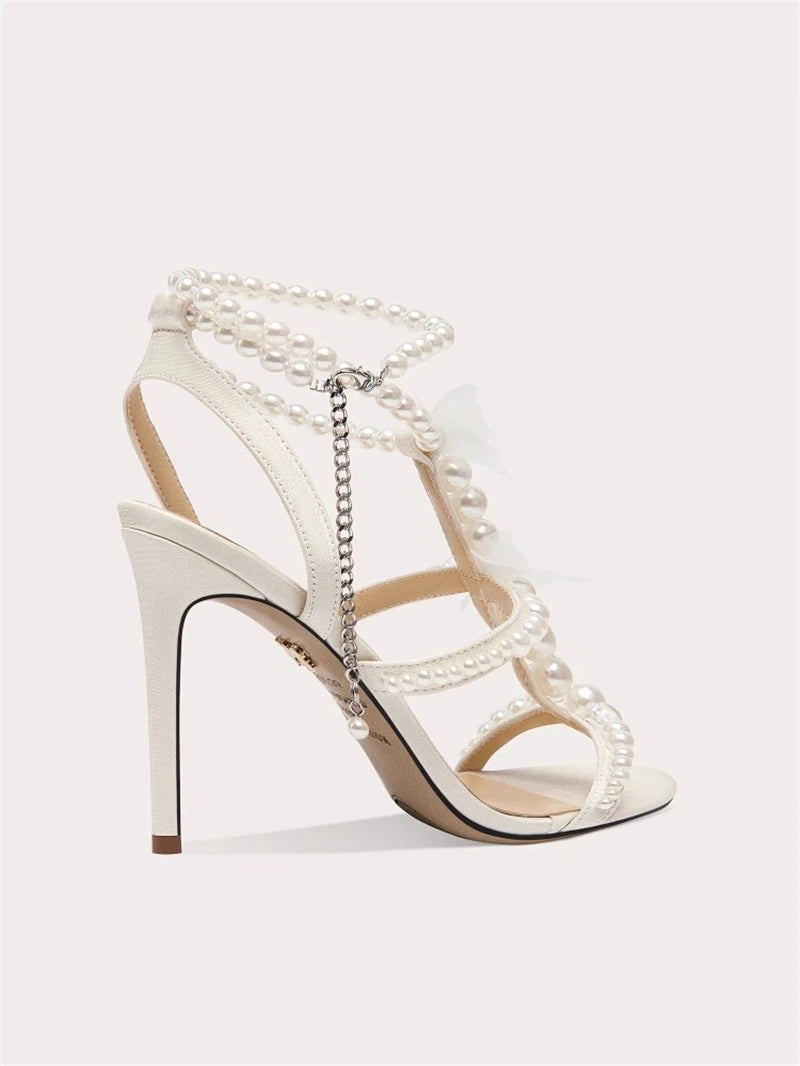 Open toe leather sandals with pearl bead accents