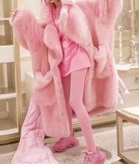Warm fluffy pink faux fur coat with pockets