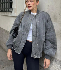 Long sleeve spliced cotton jacket in solid color