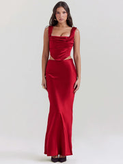 Women’s strapless red satin evening outfit with maxi skirt