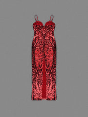Elegant red evening gown with floral appliqué bodice