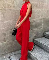 Sleeveless red jumpsuit with ankle length straight pants