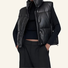 Women’s insulated winter waistcoat in black faux leather