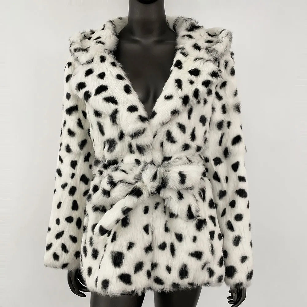 Women’s tie-waist fur jacket with pattern detail