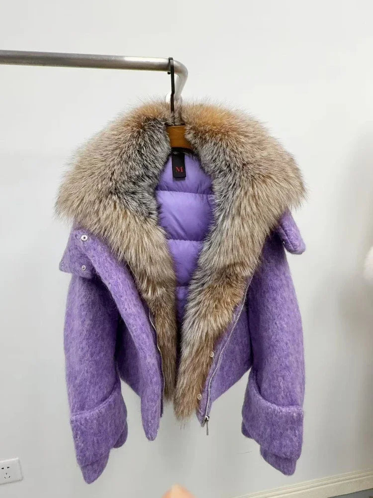 Short winter coat showing plush fur-trim collar and padded lining
