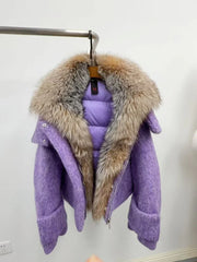 Short winter coat showing plush fur-trim collar and padded lining