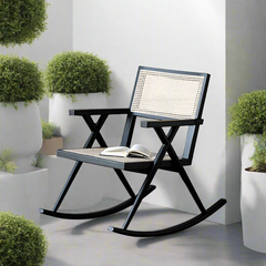Modern boho rocking chair with handwoven rattan