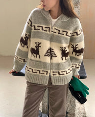 Woodland motif sweater jacket with deer and trees design