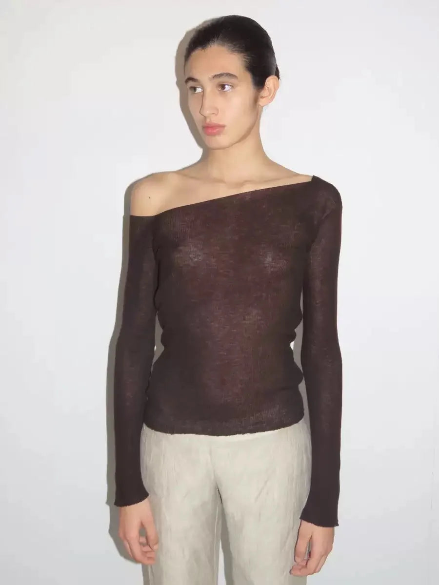 Brown wool blend off-shoulder knit top for women