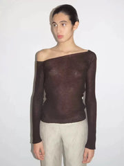 Brown wool blend off-shoulder knit top for women