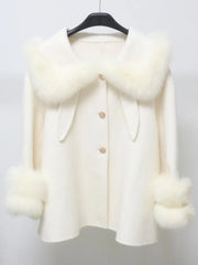 Wool short coat with faux-fur collar and cuffs on hanger