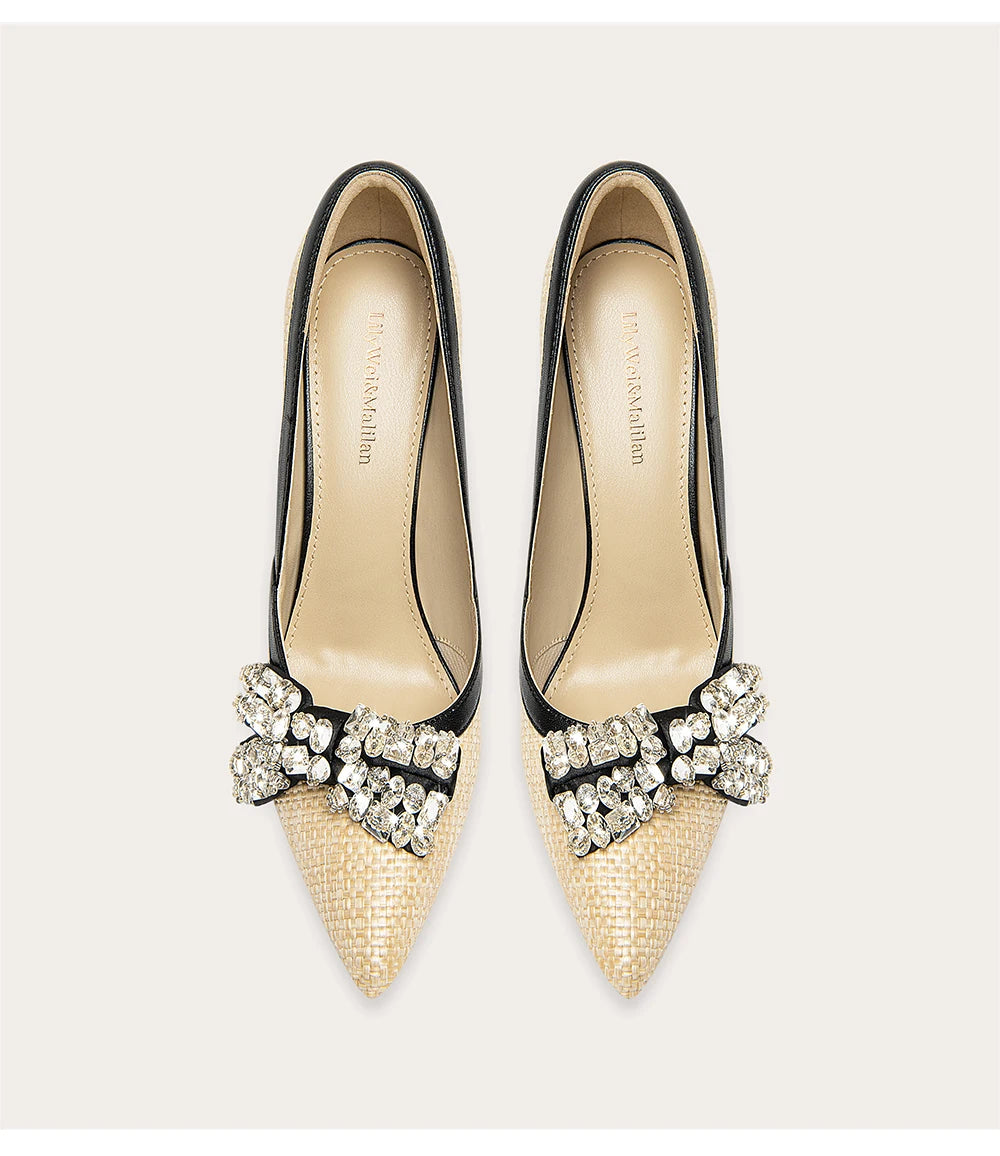 Woven rhinestone bow pointed toe stiletto pumps