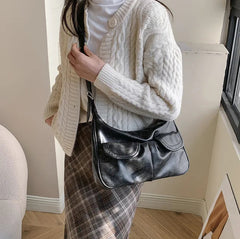 Y2K style PU leather crossbody with moto pocket detail