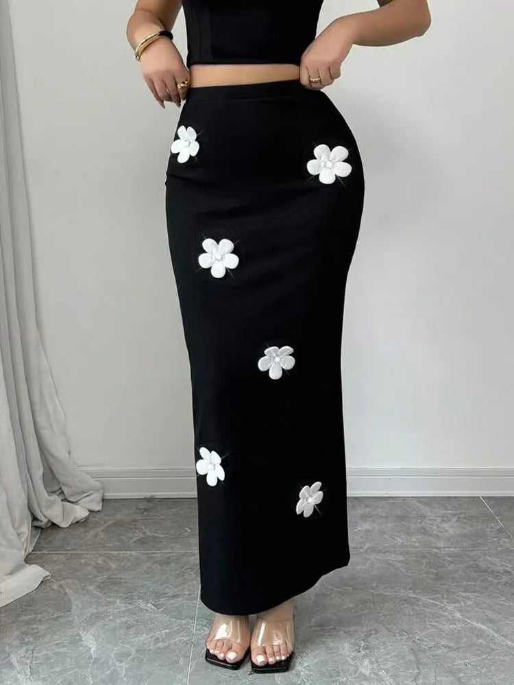 Y2K black party midi skirt for women with dimensional flower details