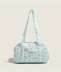 Romantic lace-trimmed floral shoulder bag in pastel blue