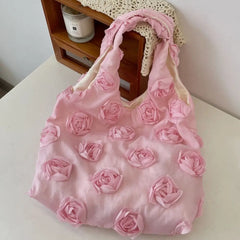 Soft pink floral tote bag with large capacity and zipper closure