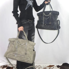 Edgy grey tote bag for women with rivets and chains