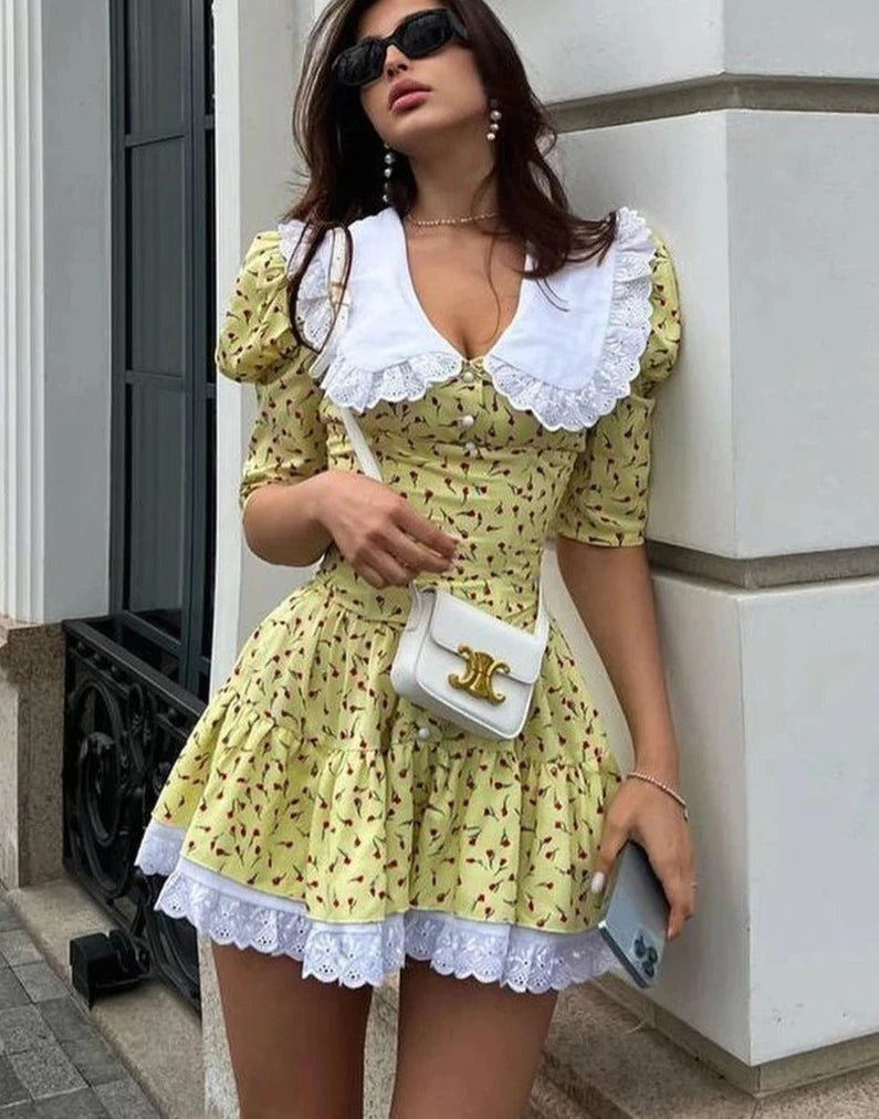 Yellow floral mini dress with lace Peter Pan collar