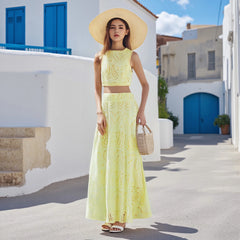 Yellow lace two piece set styled for sunny getaways

