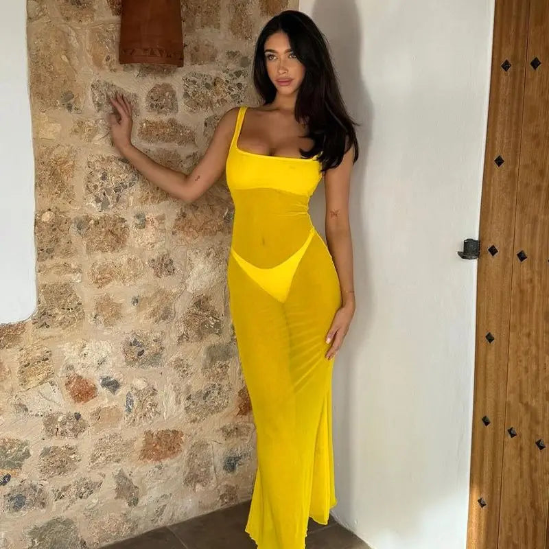 Yellow mesh long dress with square neckline